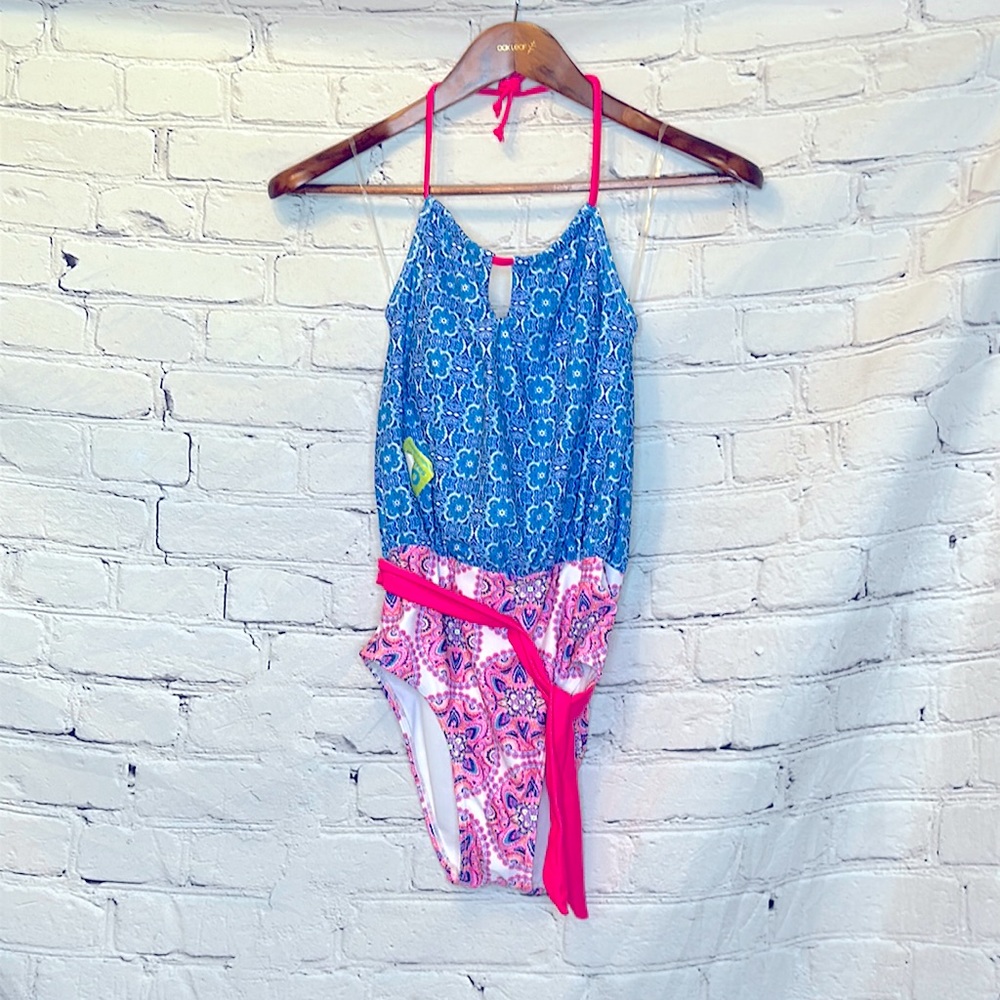 Nicole Miller Blue Pink One-Piece Halter Style Swimsuit Size Small